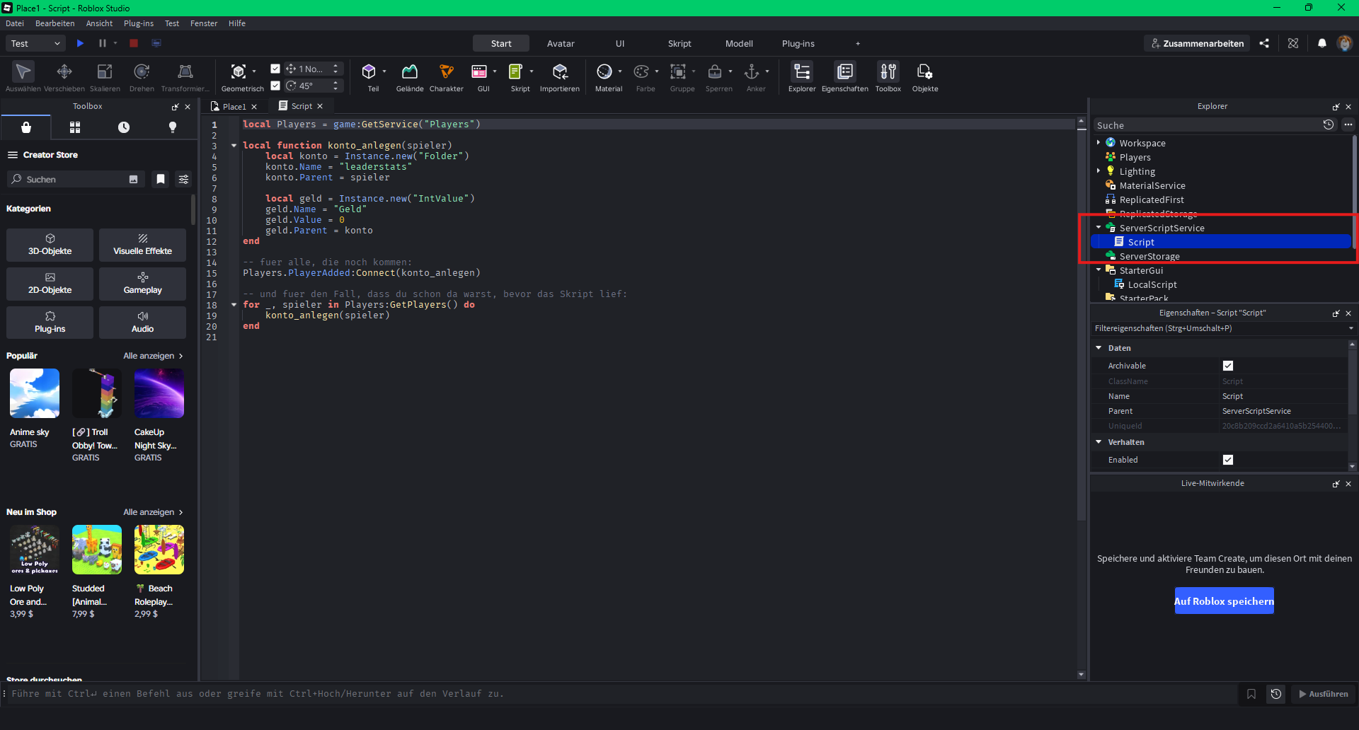 Explorer: das Script sitzt in ServerScriptService
