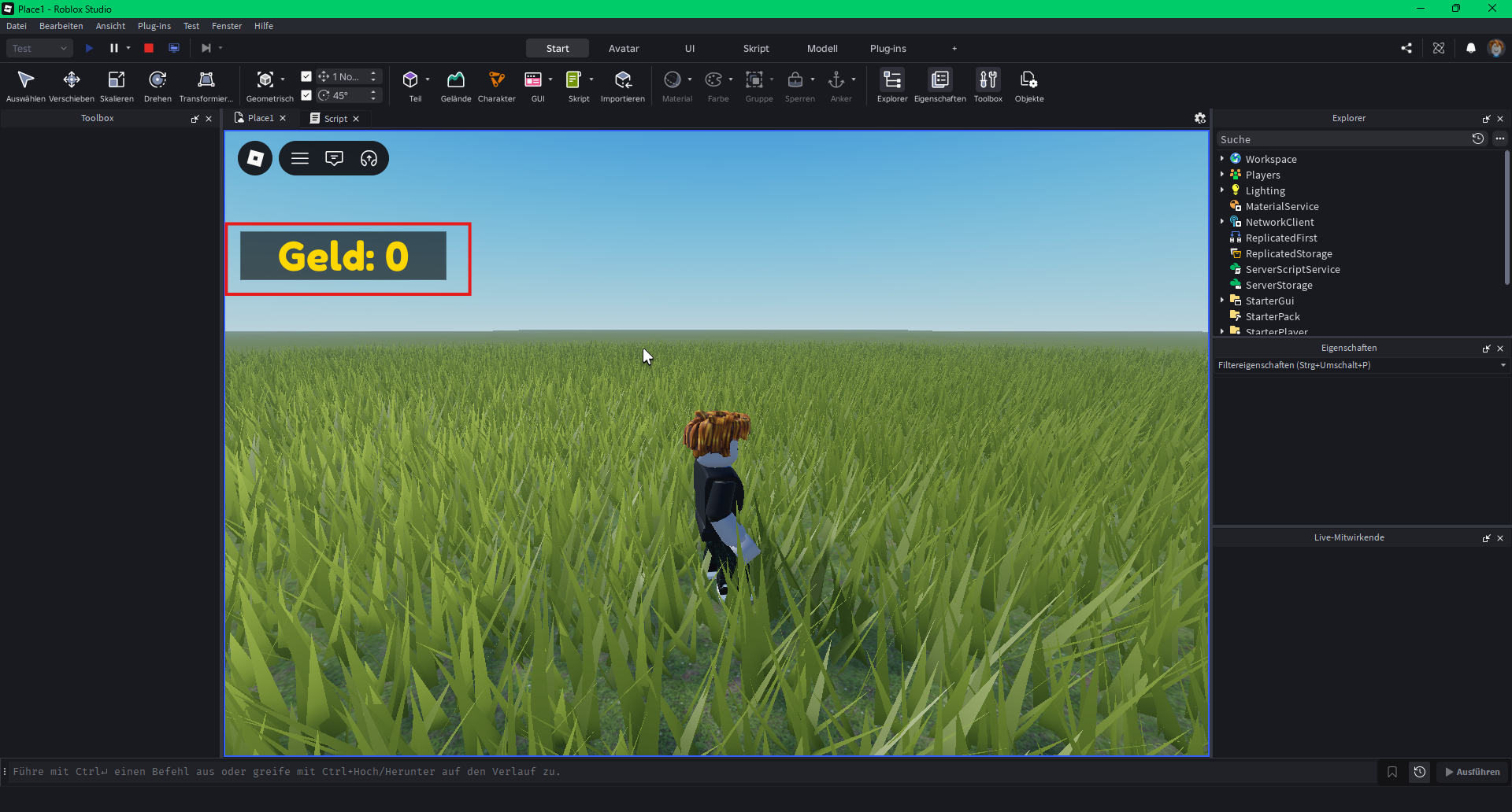 Während Play: leaderstats → Geld (Value 0) im Explorer